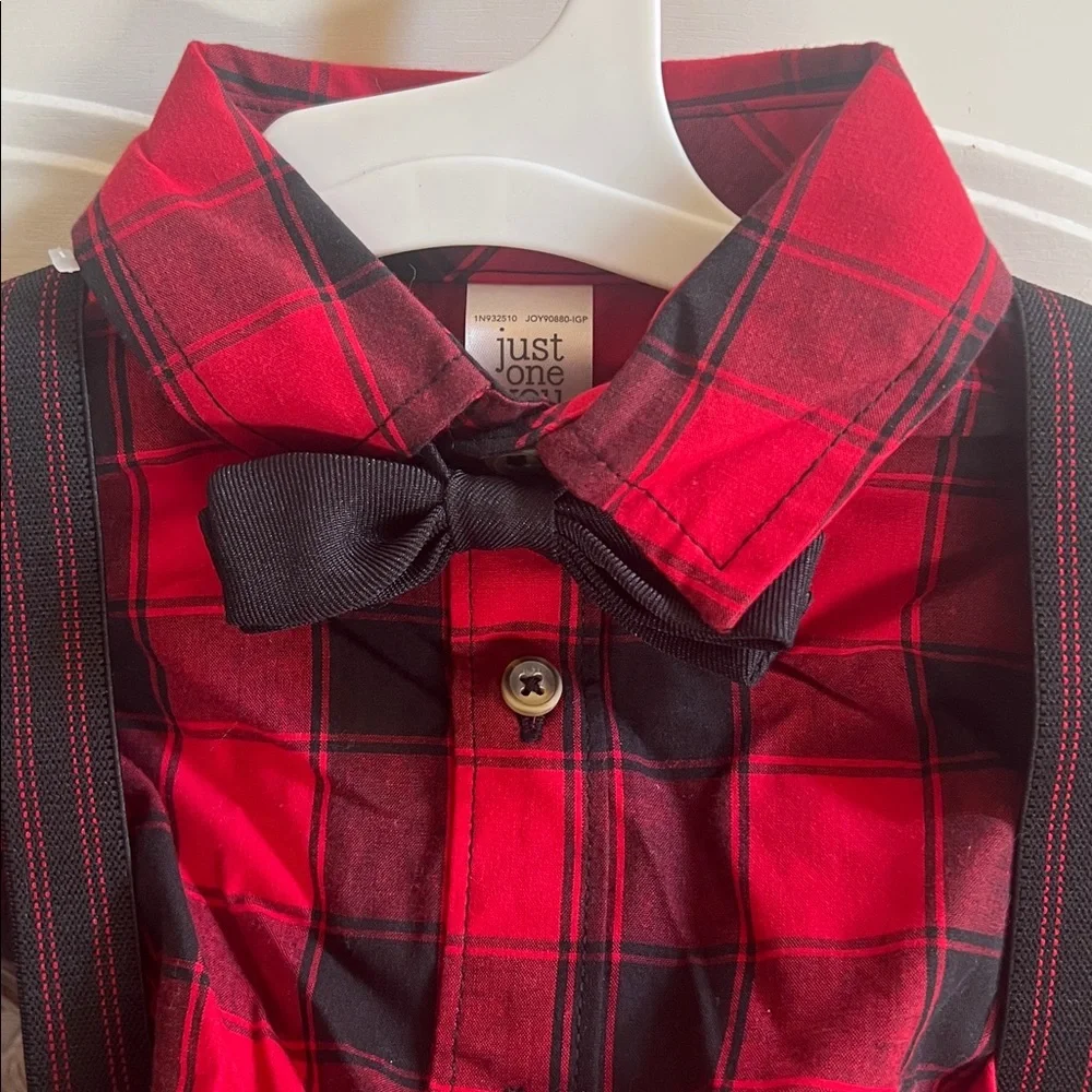 Red Plaid Shirt & Black Suspender Pants Set with bow tie for Kids NWT